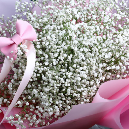 Букет_Белая гипсофила с розовым бантом Букет_Белая гипсофила с розовым бантом