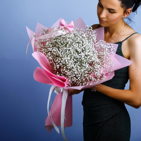 Букет_Белая гипсофила с розовым бантом Букет_Белая гипсофила с розовым бантом